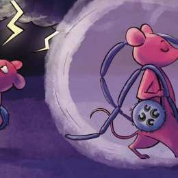 A graphic of two mice representing one mouse's fear and another mouse's calmness towards gut bacteria.